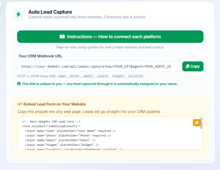 Real estate CRM auto lead capture webhook and embeddable website lead form setup screen
