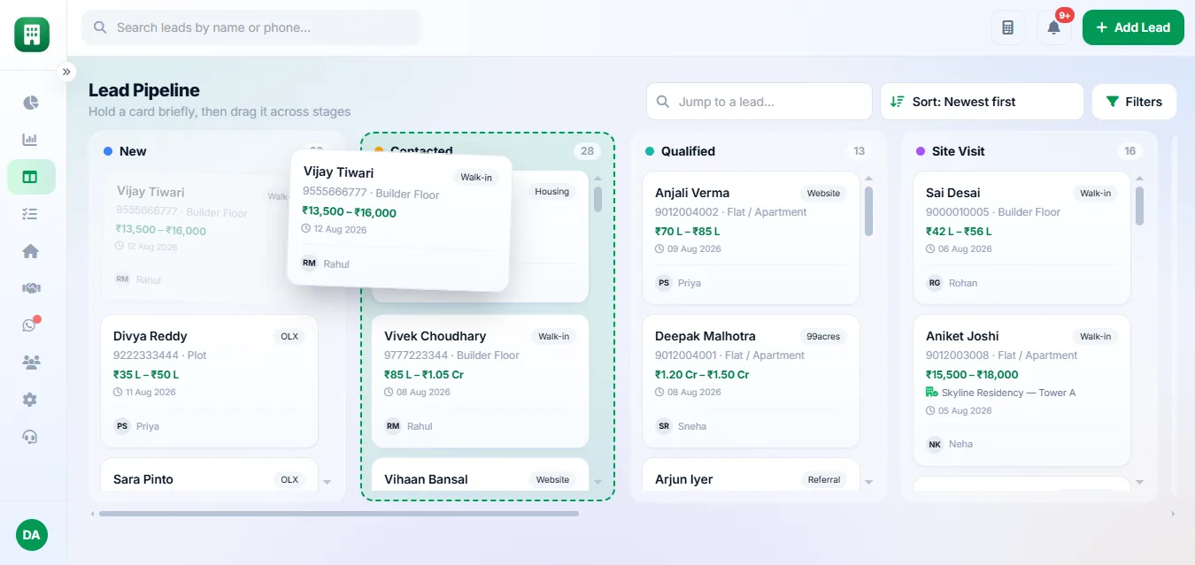 Real estate CRM lead card being dragged from the Contacted column into the next pipeline stage