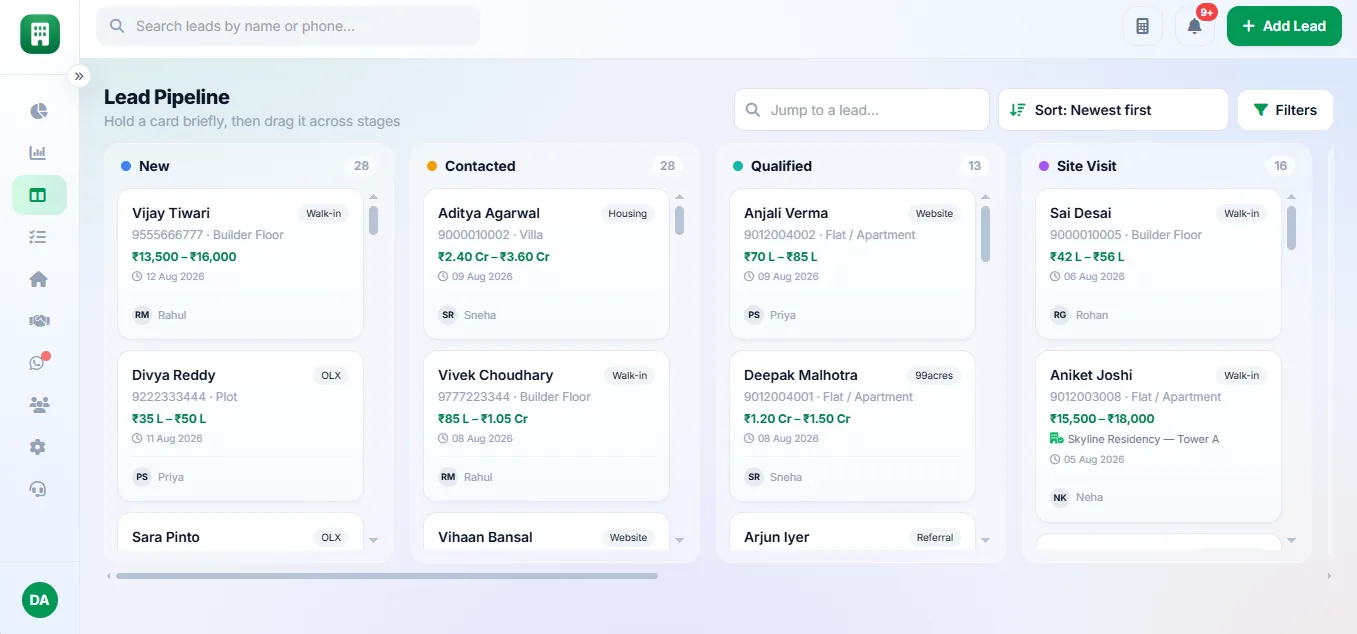 Drag-and-drop lead pipeline kanban board for real estate CRM with New, Contacted, Qualified and Site Visit stages