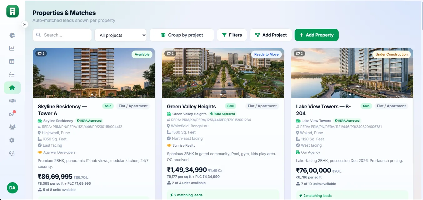 Real estate CRM property listings page with RERA details, pricing and auto-matched buyer leads per project