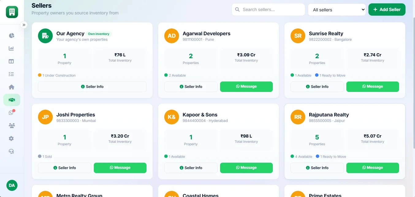 Real estate CRM seller management screen showing property owners, their inventory value and available units
