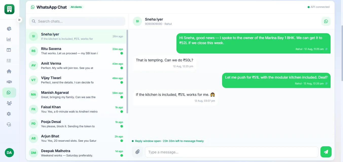 Real estate CRM WhatsApp chat inbox showing live client conversations connected to the WhatsApp Business API