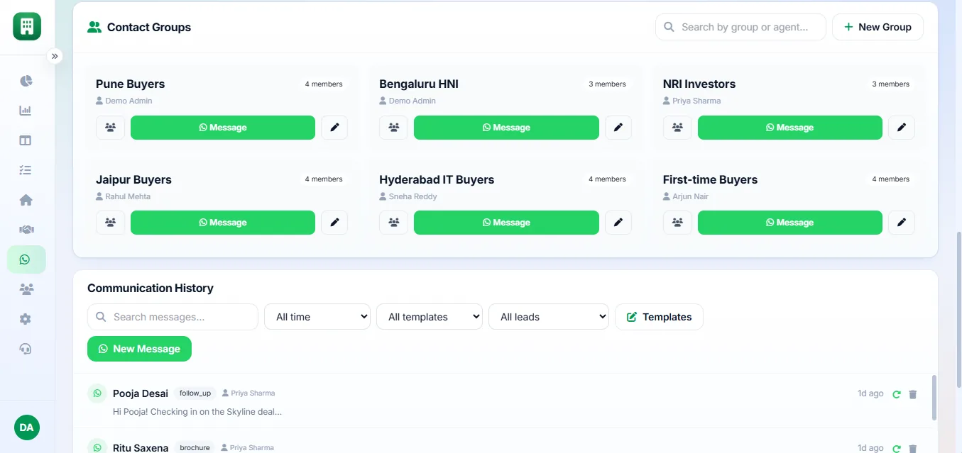 Real estate CRM WhatsApp contact groups and communication history for bulk messaging buyers