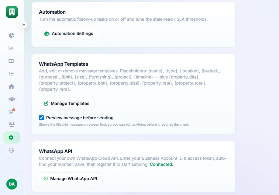 Real estate CRM WhatsApp message template editor with placeholders for property and buyer details